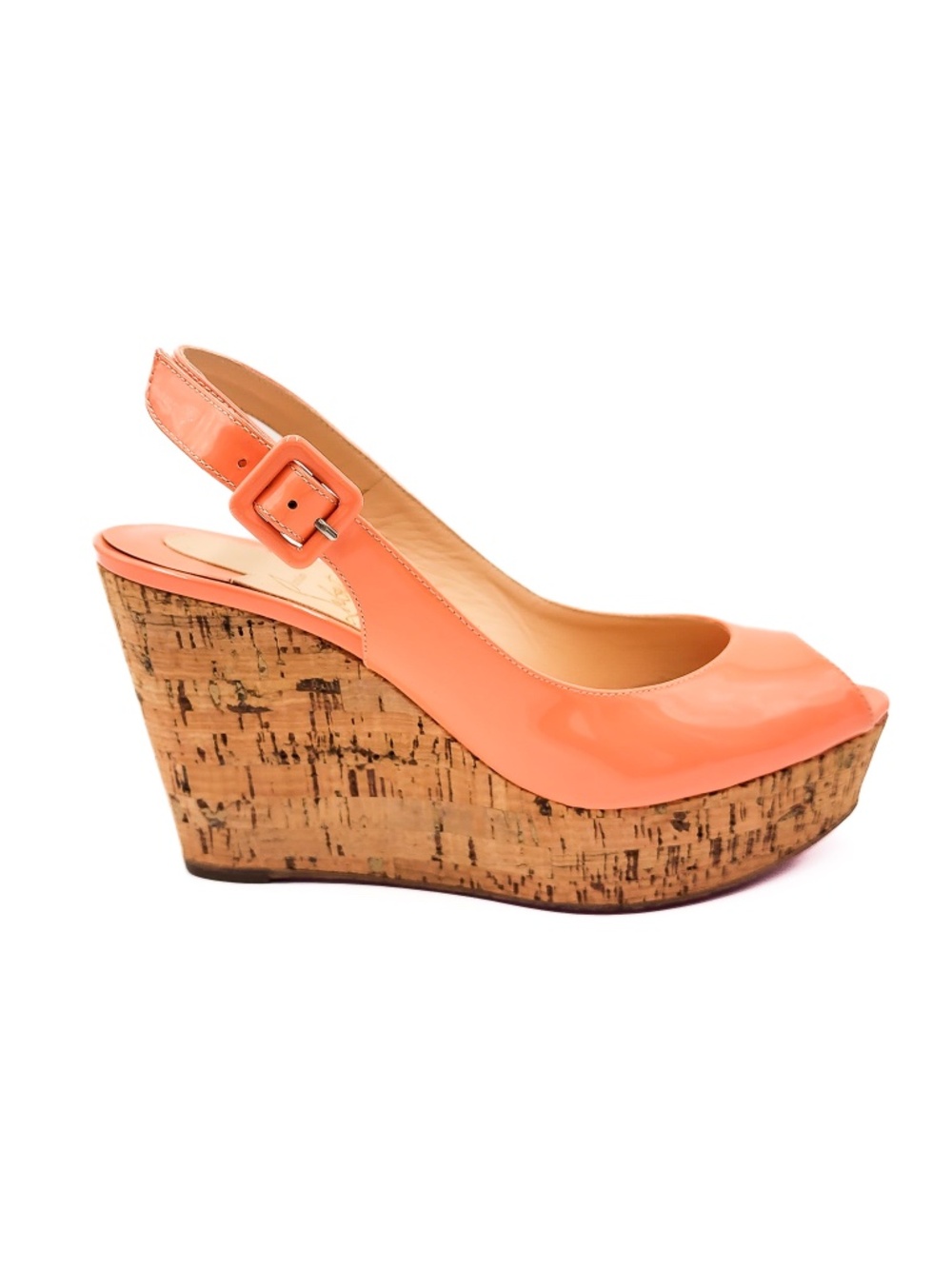 Christian Louboutin Peach Patent Leather Cork Slingback Wedge Platforms EU 36